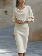 Beige Women's Cowl Neck Midi Dress with Draped Batwing Sleeves — Niamh