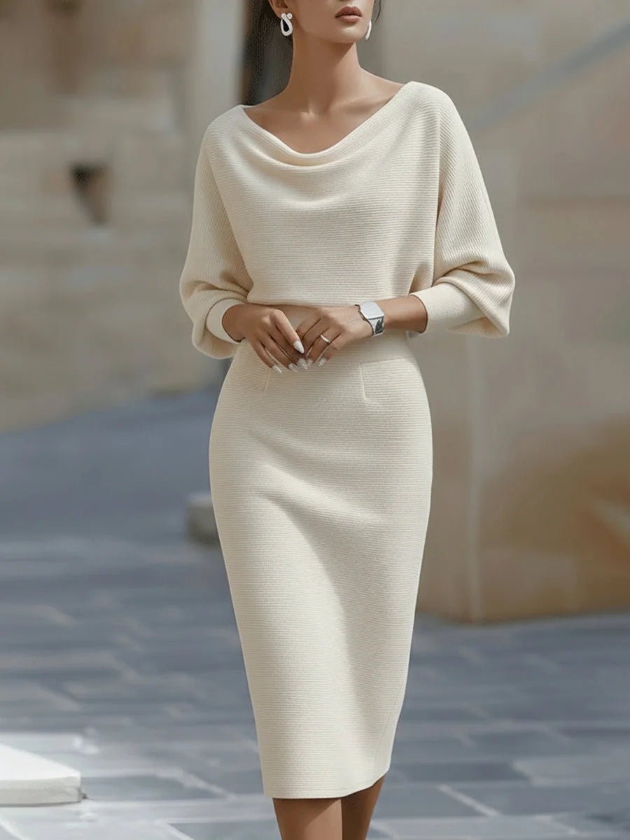 Beige Women's Cowl Neck Midi Dress with Draped Batwing Sleeves — Niamh