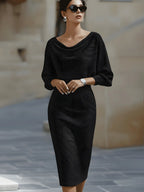 Black Women's Cowl Neck Midi Dress with Draped Batwing Sleeves — Niamh - Front Sunglasses Pose