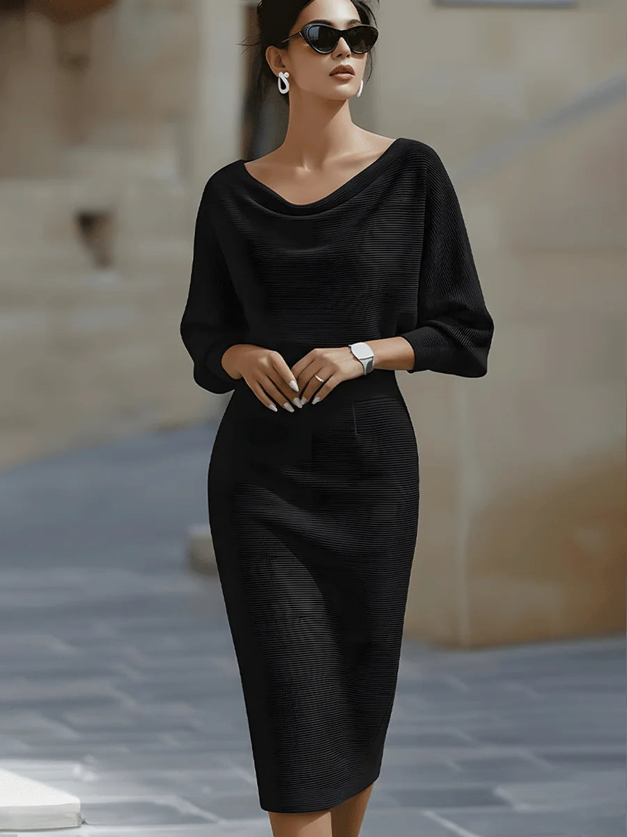Black Women's Cowl Neck Midi Dress with Draped Batwing Sleeves — Niamh - Front Sunglasses Pose