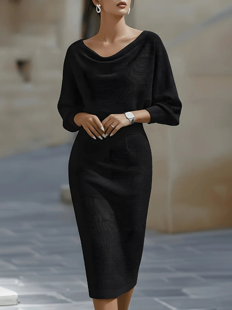 Black Women's Cowl Neck Midi Dress with Draped Batwing Sleeves — Niamh