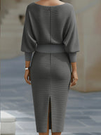 Gray Women's Cowl Neck Midi Dress with Draped Batwing Sleeves — Niamh - Back Full Slit