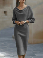 Gray Women's Cowl Neck Midi Dress with Draped Batwing Sleeves