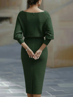 Green Women's Cowl Neck Midi Dress with Draped Batwing Sleeves — Niamh - Back Full Hands