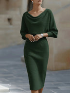 Green Women's Cowl Neck Midi Dress with Draped Batwing Sleeves — Niamh