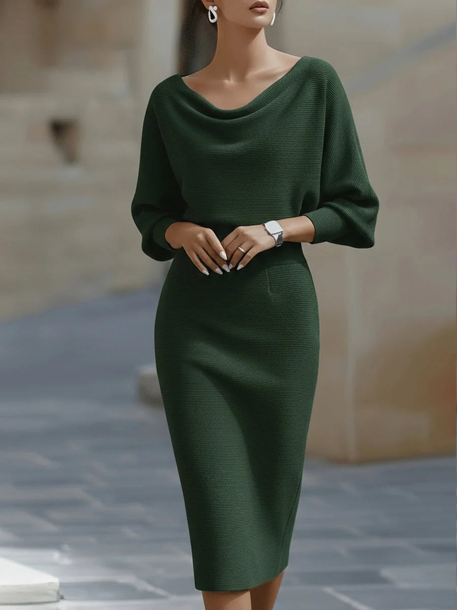 Green Women's Cowl Neck Midi Dress with Draped Batwing Sleeves — Niamh