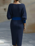 Navy Blue Women's Cowl Neck Midi Dress with Draped Batwing Sleeves — Niamh - Back Detail Waistband
