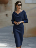 Navy Blue Women's Cowl Neck Midi Dress with Draped Batwing Sleeves — Niamh - Front Sunglasses Standing