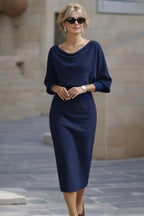 Navy Blue Women's Cowl Neck Midi Dress with Draped Batwing Sleeves
