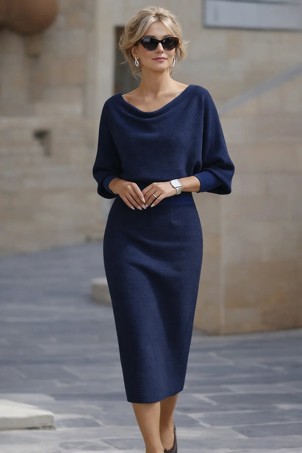 Navy Blue Women's Cowl Neck Midi Dress with Draped Batwing Sleeves