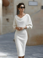 White Women's Cowl Neck Midi Dress with Draped Batwing Sleeves — Niamh - Front Full Windblown