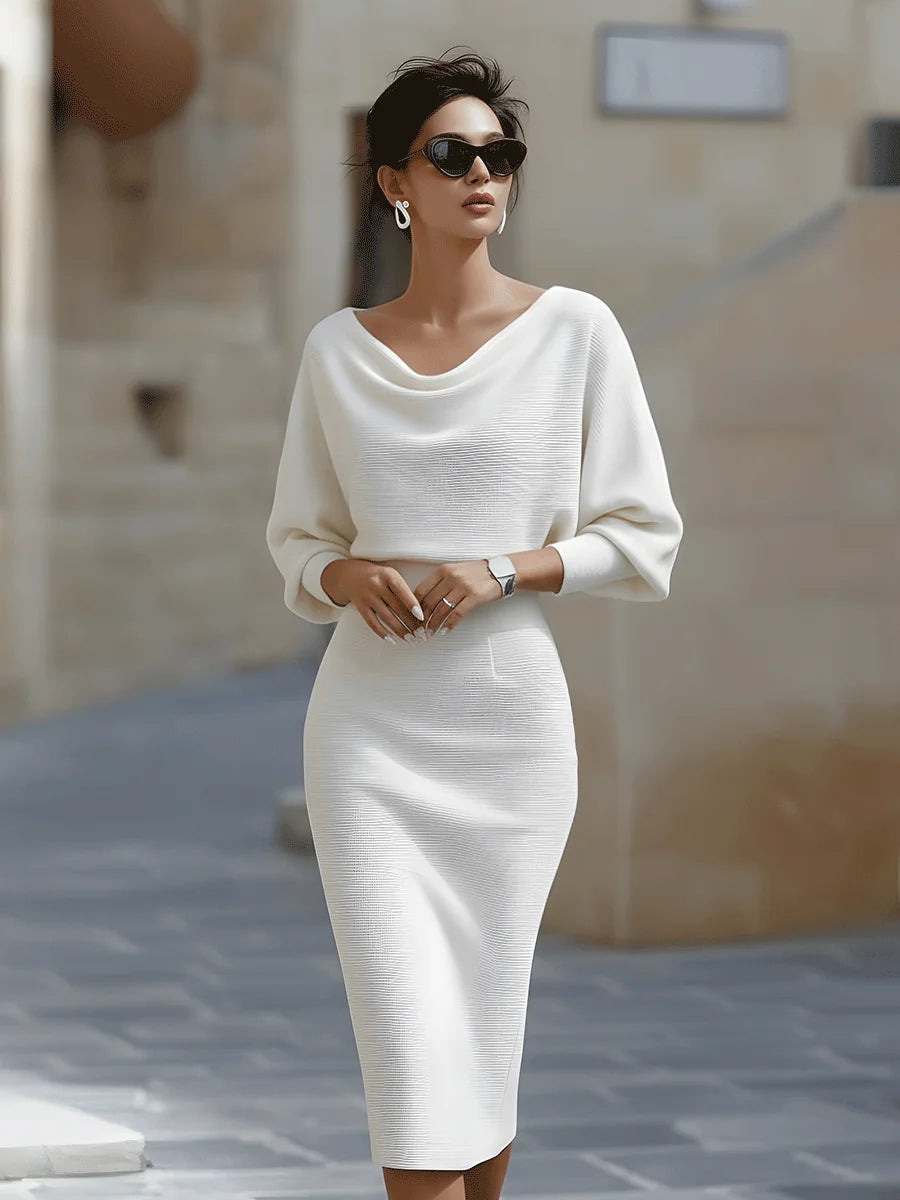 White Women's Cowl Neck Midi Dress with Draped Batwing Sleeves — Niamh - Front Full Windblown