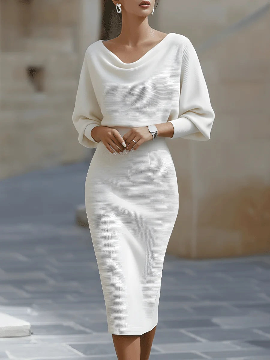 White Women's Cowl Neck Midi Dress with Draped Batwing Sleeves