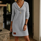 Gray Women's Cowl-Neck Sweater Dress with Relaxed Fit & Ribbed Knit — Erin