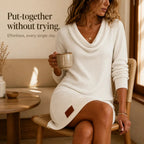 White Women's Cowl-Neck Sweater Dress with Relaxed Fit & Ribbed Knit — Erin - Seated Lifestyle