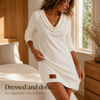 White Women's Cowl-Neck Sweater Dress with Relaxed Fit & Ribbed Knit — Erin - Side Pose Bedroom