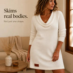 White Women's Cowl-Neck Sweater Dress with Relaxed Fit & Ribbed Knit — Erin - Three Quarter Living Room