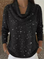 Black Women's Cowl Neck Sweater with Shimmer Knit & Long Sleeves