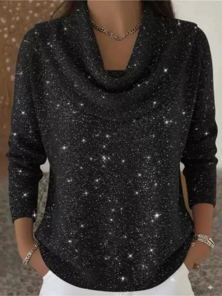Black Women's Cowl Neck Sweater with Shimmer Knit & Long Sleeves