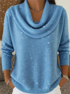 Blue Women's Cowl Neck Sweater with Shimmer Knit & Long Sleeves