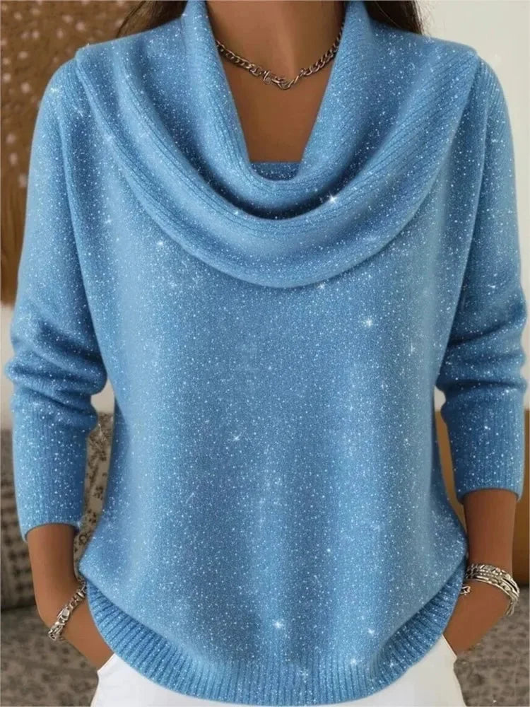 Blue Women's Cowl Neck Sweater with Shimmer Knit & Long Sleeves