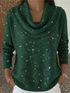 Green Women's Cowl Neck Sweater with Shimmer Knit & Long Sleeves