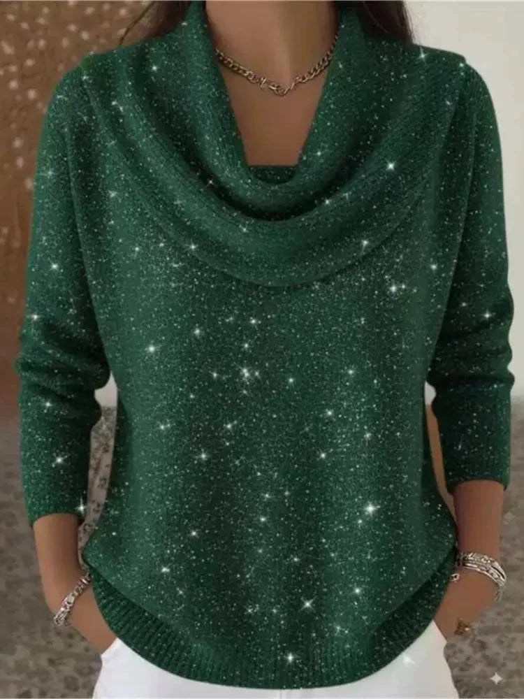 Green Women's Cowl Neck Sweater with Shimmer Knit & Long Sleeves