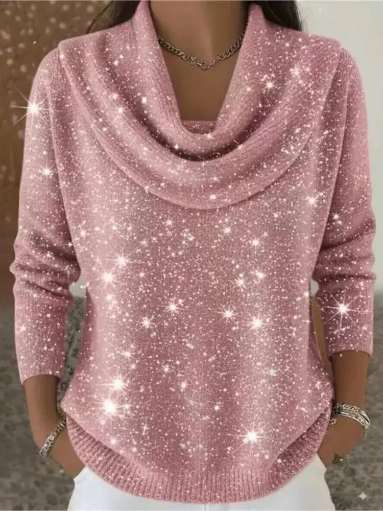 Pink Women's Cowl Neck Sweater with Shimmer Knit & Long Sleeves