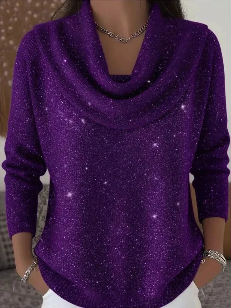 Purple Women's Cowl Neck Sweater with Shimmer Knit & Long Sleeves