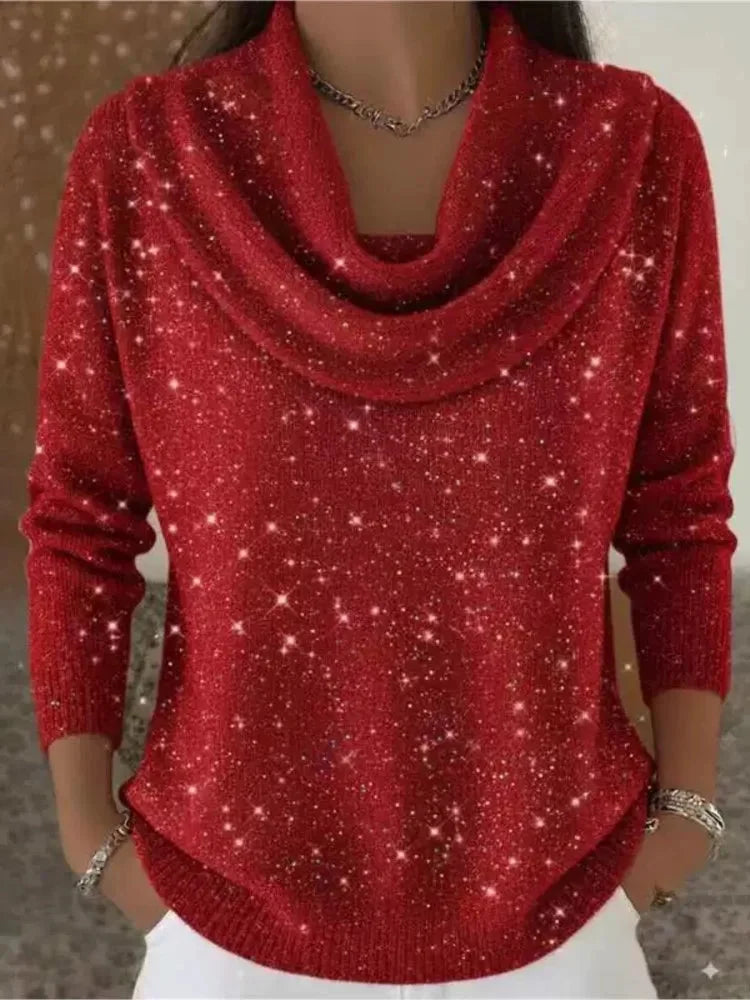 Red Women's Cowl Neck Sweater with Shimmer Knit & Long Sleeves