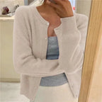 Beige Women's Crew Neck Cardigan with Button Front & Relaxed Fit