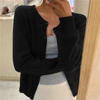 Black Women's Crew Neck Cardigan with Button Front & Relaxed Fit