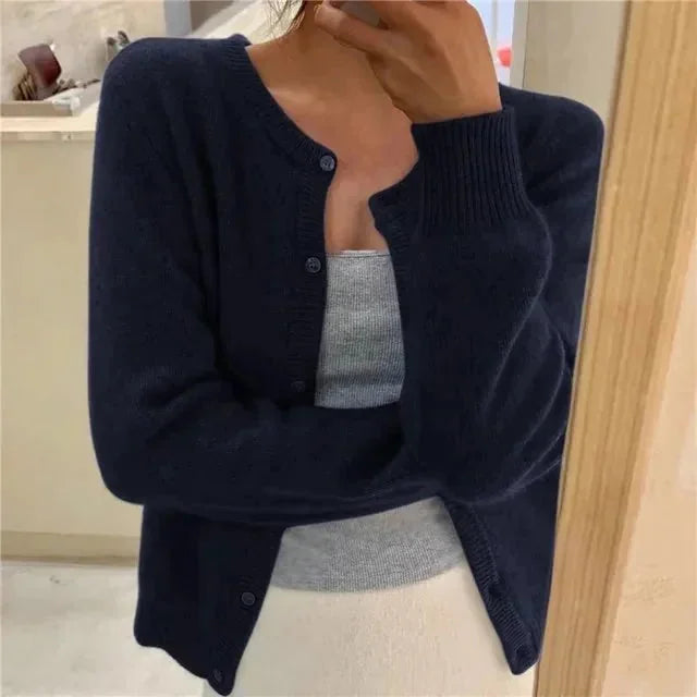 Dark Blue Women's Crew Neck Cardigan with Button Front & Relaxed Fit