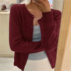 Dark Red Women's Crew Neck Cardigan with Button Front & Relaxed Fit
