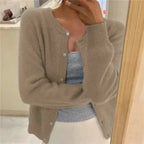 Khaki Women's Crew Neck Cardigan with Button Front & Relaxed Fit