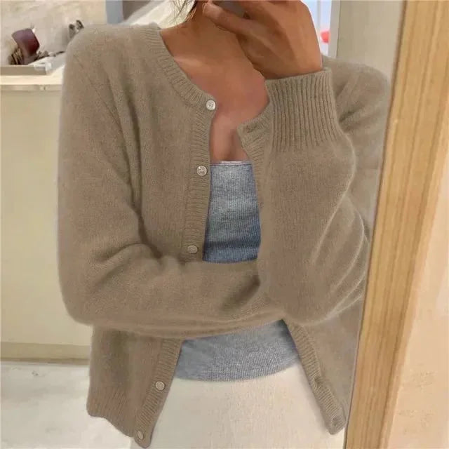 Khaki Women's Crew Neck Cardigan with Button Front & Relaxed Fit