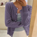 Purple Women's Crew Neck Cardigan with Button Front & Relaxed Fit