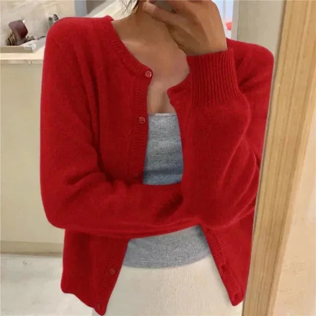 Red Women's Crew Neck Cardigan with Button Front & Relaxed Fit — Thea