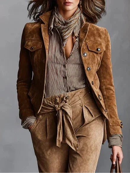 Brown Women's Suede Coat with Cropped Silhouette & Relaxed Fit