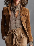 Brown Women's Suede Coat with Cropped Silhouette & Relaxed Fit - Close Up Collar