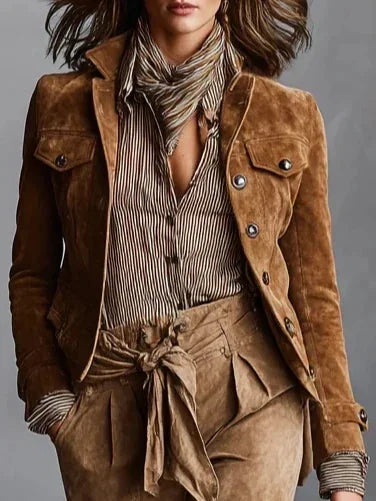 Brown Women's Suede Coat with Cropped Silhouette & Relaxed Fit - Close Up Collar