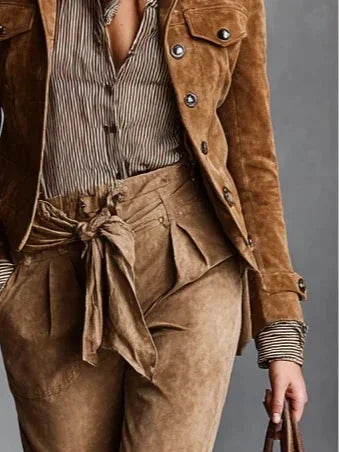 Brown Women's Suede Coat with Cropped Silhouette & Relaxed Fit - Waist Tie Detail