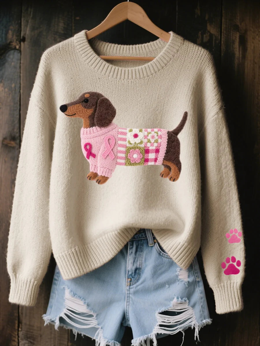 Women's Printed Sweater with Dachshund Graphic & Ribbed Knit Trim