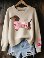 Beige Women's Dachshund Patchwork Knit Sweater with Relaxed Fit — Maisie