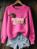 Dark Pink Women's Dachshund Patchwork Knit Sweater with Relaxed Fit