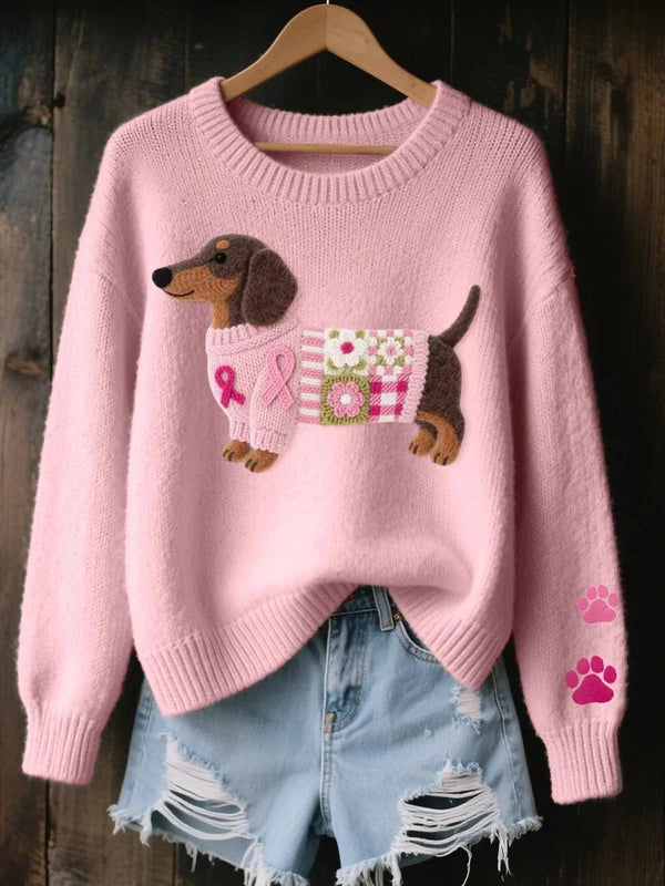 Pink Women's Dachshund Patchwork Knit Sweater with Relaxed Fit