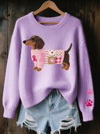 Purple Women's Dachshund Patchwork Knit Sweater with Relaxed Fit