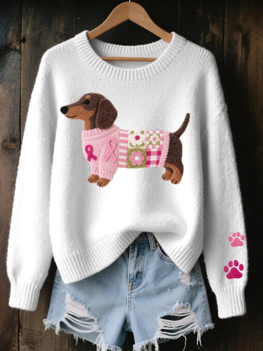 White Women's Dachshund Patchwork Knit Sweater with Relaxed Fit