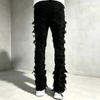 Black Men's Distressed Skinny Jeans with Patchwork Detailing - Back Full