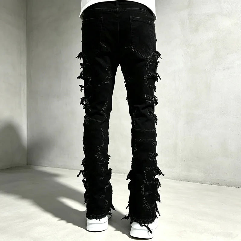 Black Men's Distressed Skinny Jeans with Patchwork Detailing - Back Full